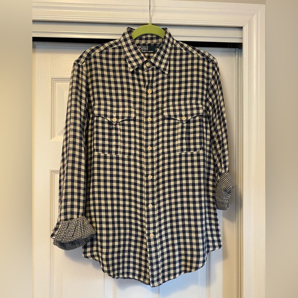 Polo by Ralph Lauren cotton navy and white check button down, buttery soft